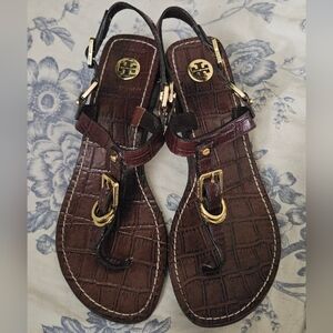 Tory Burch brown crocodile leather wedge heel sandals size 7 shoes